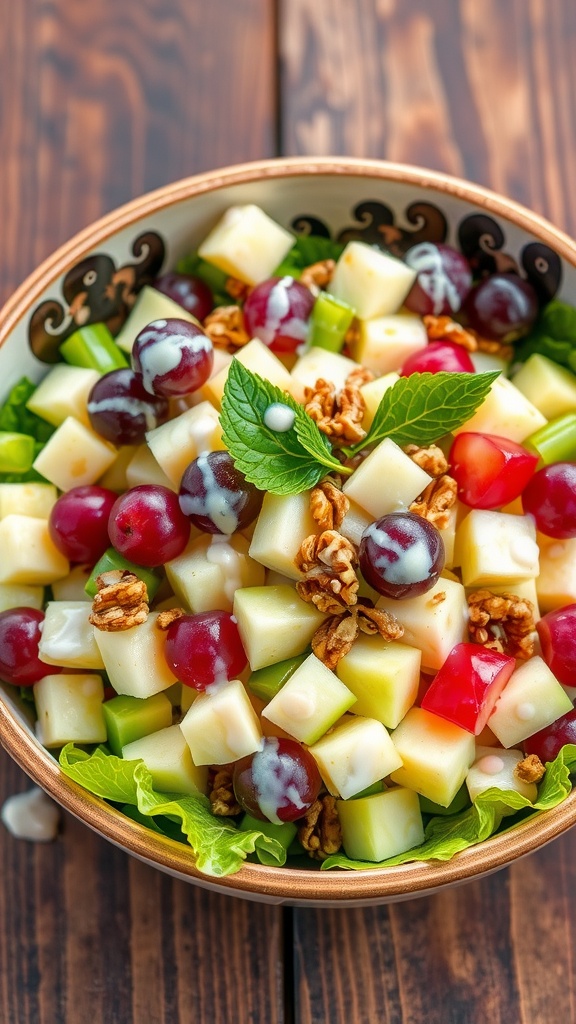 A colorful Waldorf salad with apples, grapes, celery, and walnuts in a creamy dressing on a wooden table.